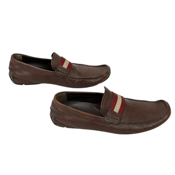 Bally Mens Waldan Driving Loafer Shoes Brown Leather Red Cream Stripe Size US 9? - Picture 4 of 16